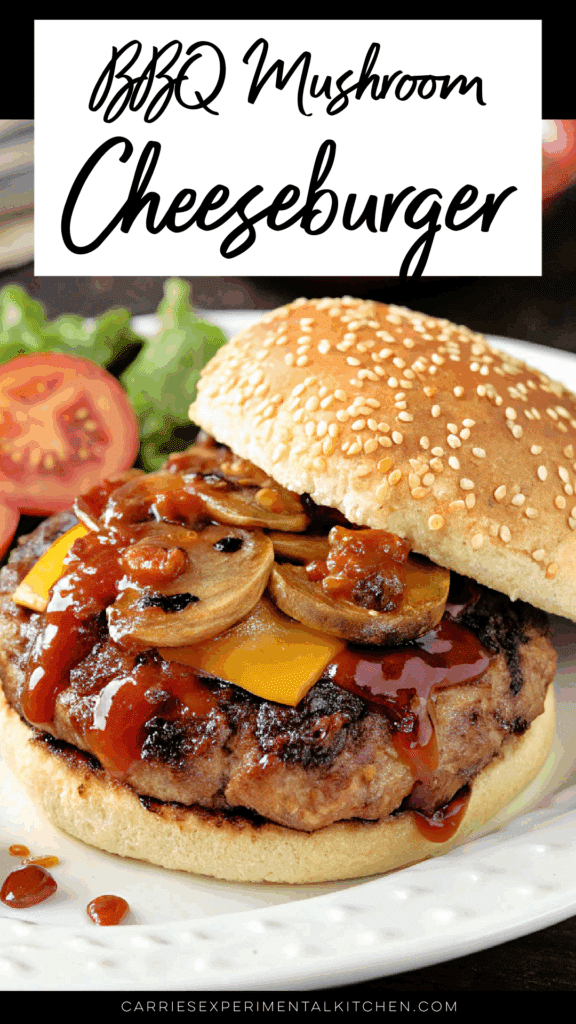 a plate with a bbq mushroom cheeseburger