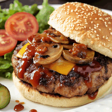 a closeup of a bbq mushroom cheeseburger