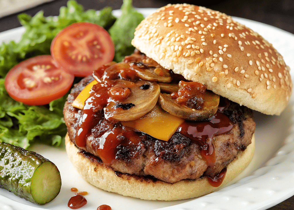 a closeup of a bbq mushroom cheeseburger
