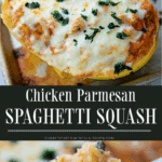 a collage photo of chicken parmesan spaghetti squash