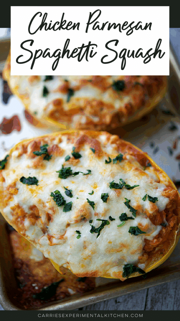 cooked chicken parmesan spaghetti squash on a sheet pan