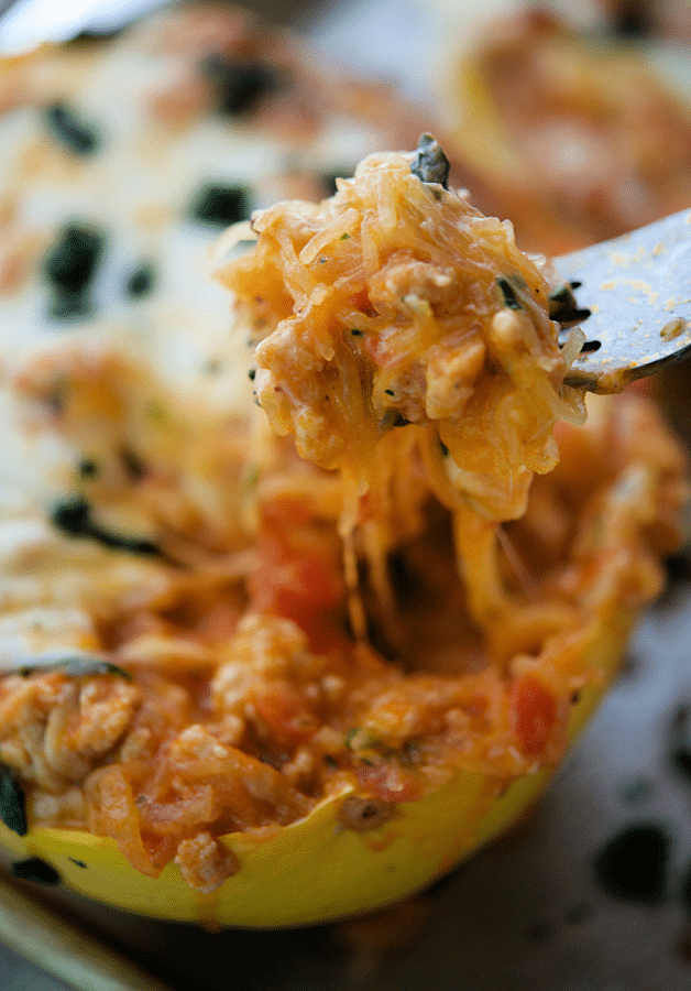 cooked chicken parmesan spaghetti squash on a fork