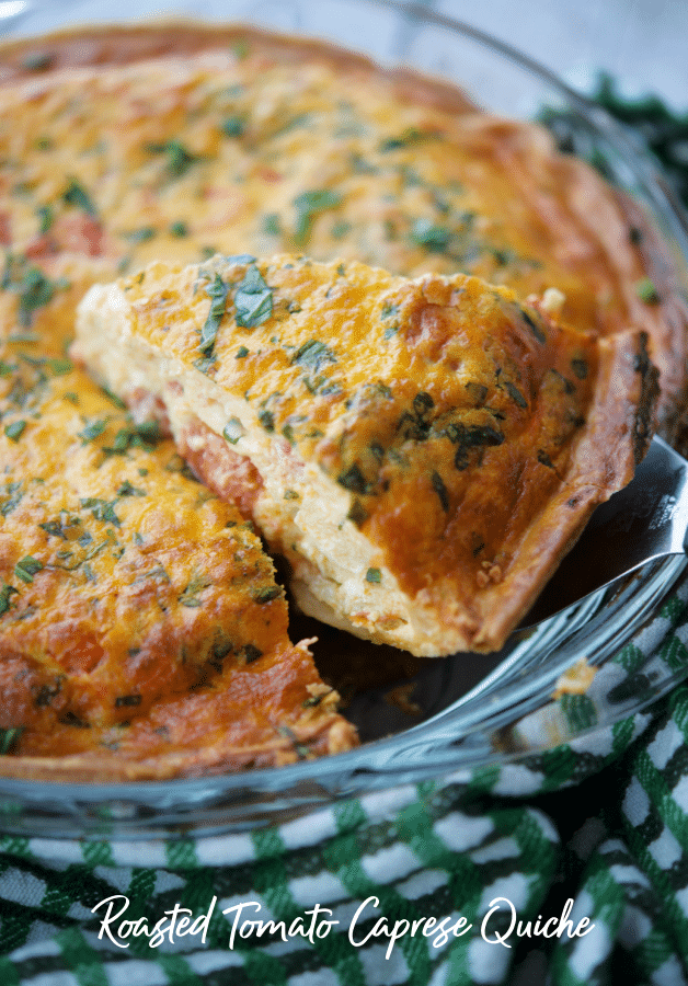 roasted tomato quiche in a clear pie