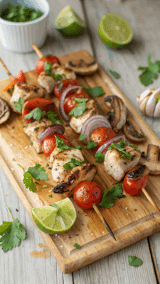 chicken skewers grilled on a wood cutting board