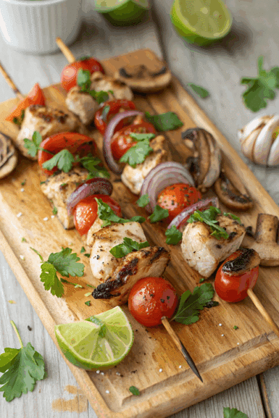 chicken skewers grilled on a wood cutting board